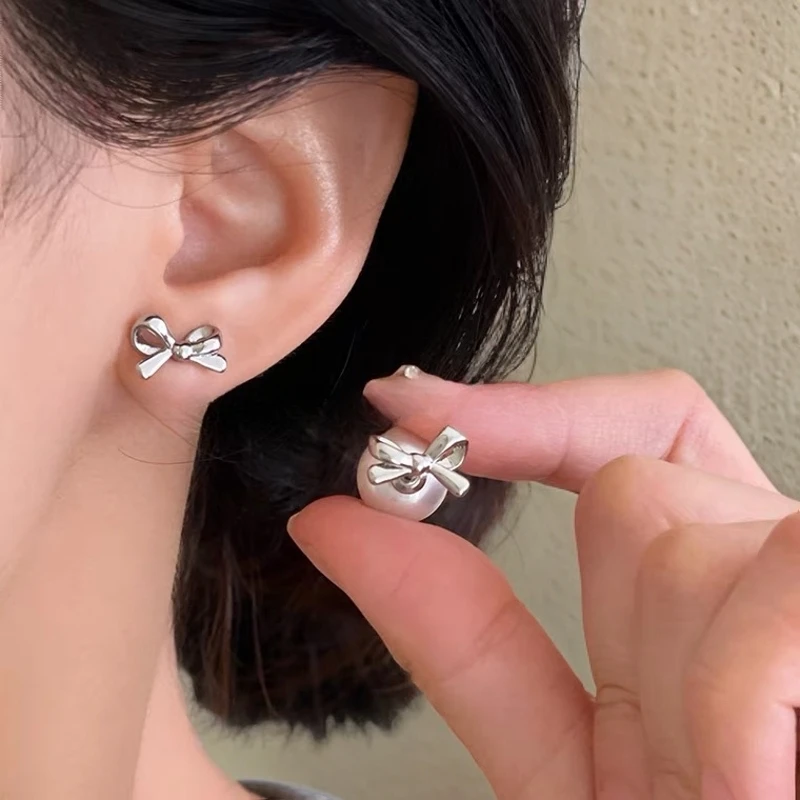 铜合金耳饰 轻奢气质高级感蝴蝶结仿珍珠耳环女小众法式双面耳钉