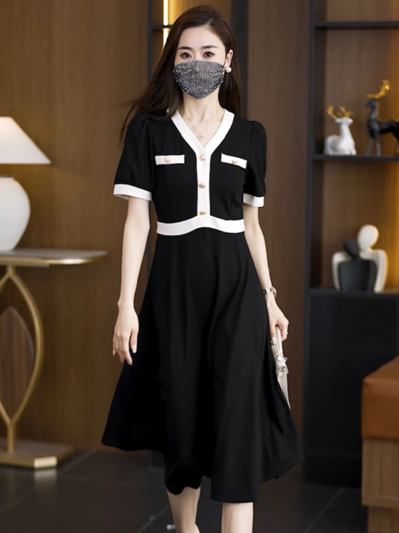 撞色拼接连衣裙女  夏季时尚气质女神范法式显瘦小香风假两件裙子