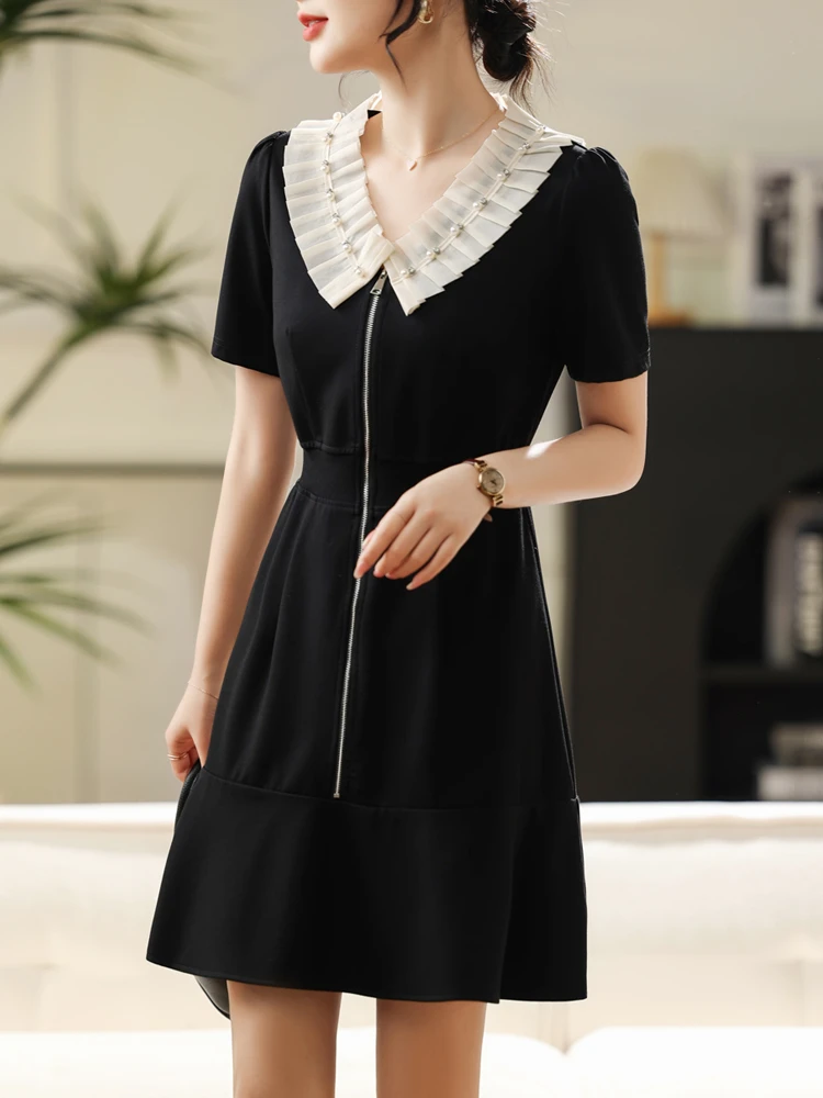法式气质连衣裙女2024夏季新款百褶领短袖荷叶边拼接中长款裙子