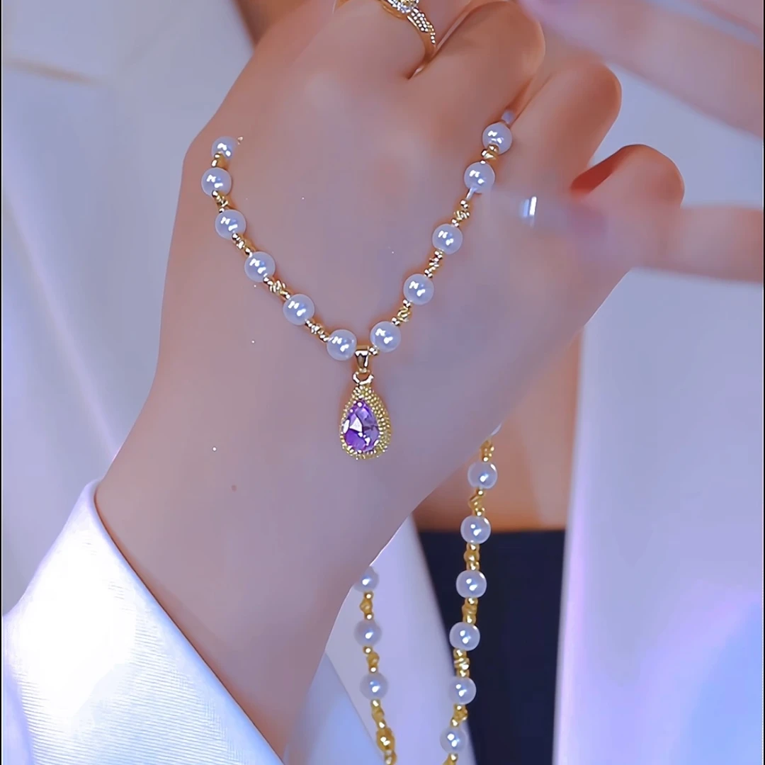 钛钢仿珍珠项链 秋冬时尚新款轻奢高级紫色水滴珠珠锁骨链项链女