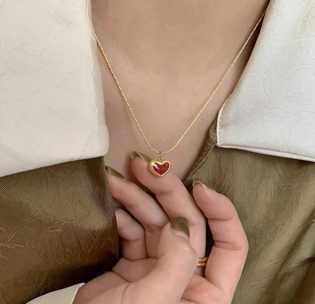 钛钢项链 【红酒甜心】韩版红色爱心滴釉项链设计感百搭通勤锁骨链