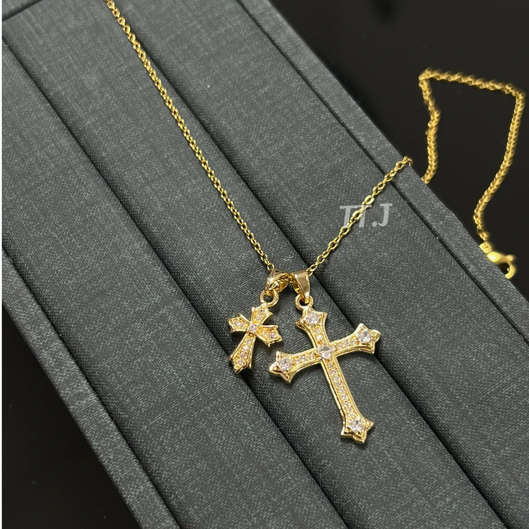 钛钢项链 新款镶钻双十字架项坠链小众设计锁骨链百搭轻奢饰品礼