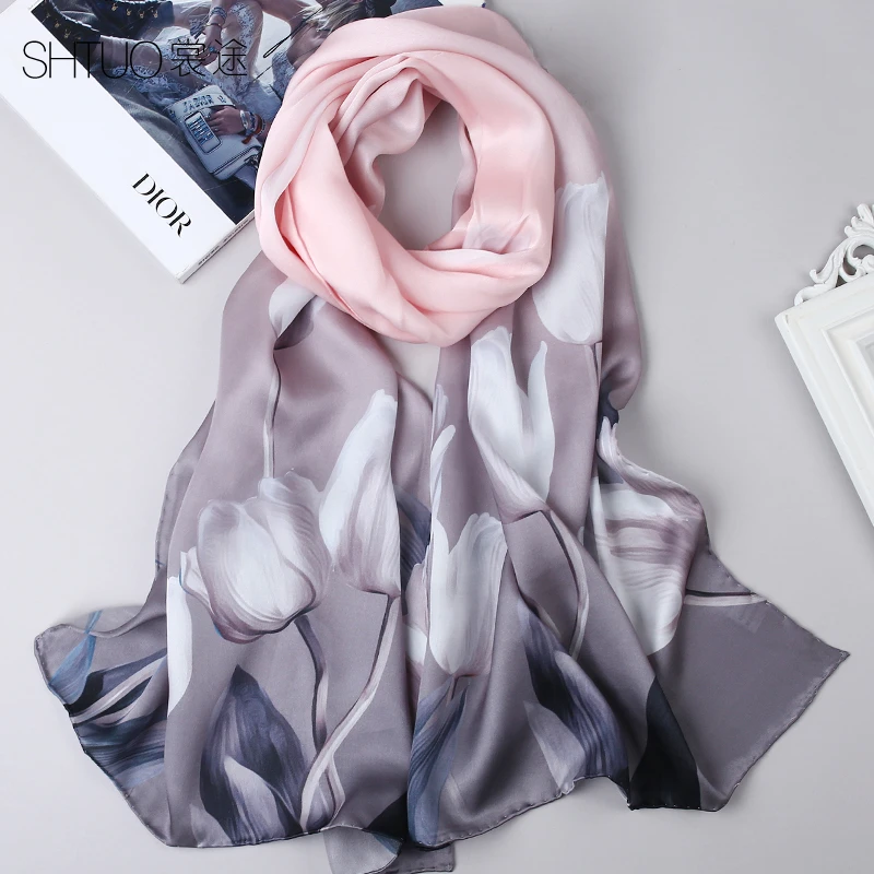 真丝丝巾桑蚕丝100%银灰粉外搭配裙子送妈妈礼物自用性价比围巾