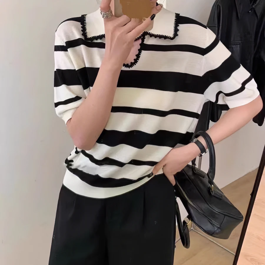 新款镂空钩花polo翻领t恤上衣女复古撞色黑白条纹冰丝针织衫