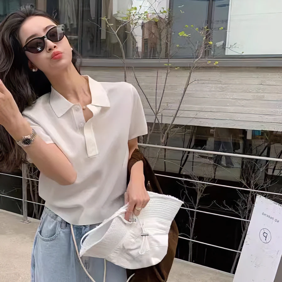 上衣polo白色时尚休闲百搭夏季翻领纯色针织气质简约