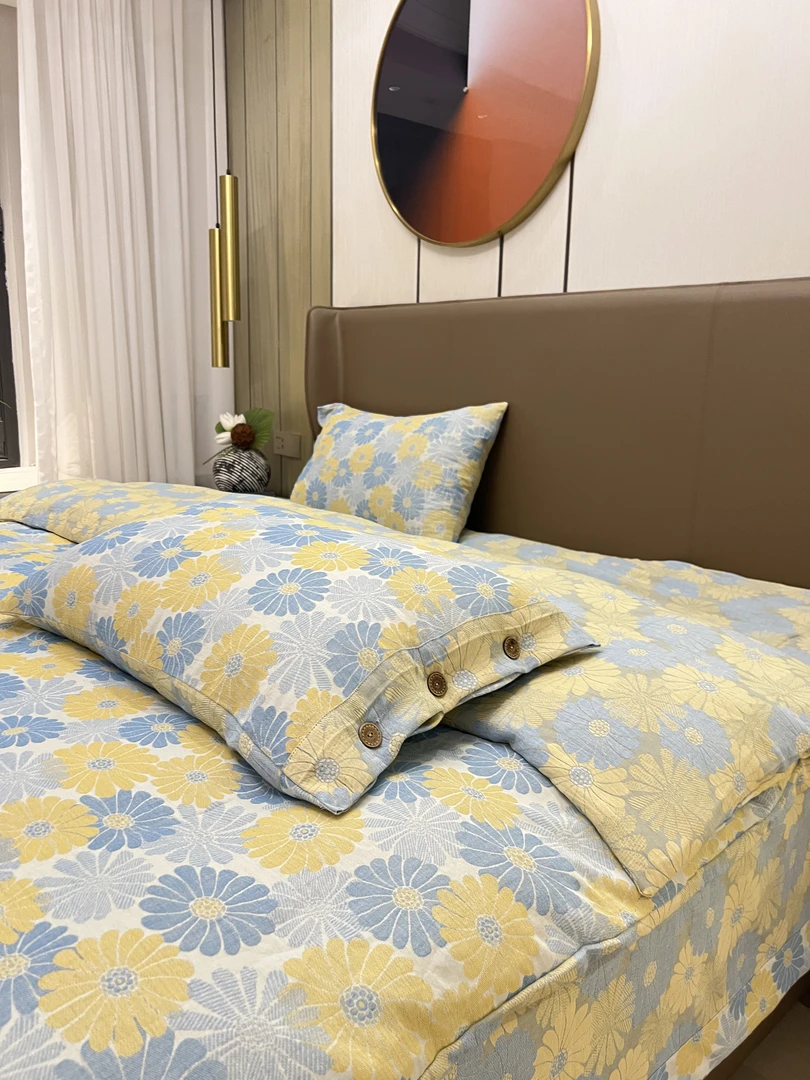 【孤】100%全棉绉绉纱双层纱色织被套床单枕套