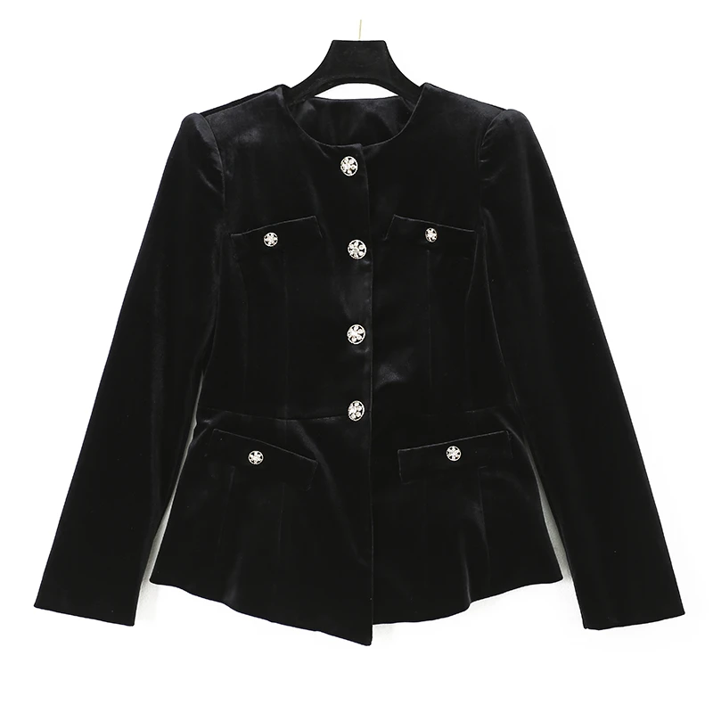 CELLENDI法式时尚圆领单排扣修身小香风黑色丝绒短外套上衣女外套