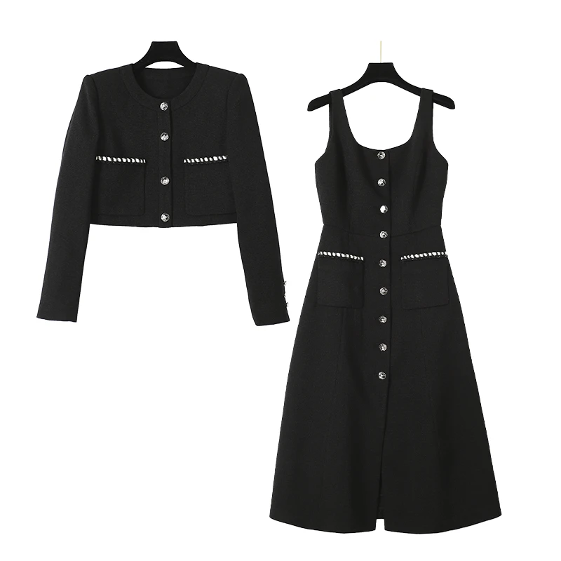 CELLENDI法式小众收腰显瘦气质小个子高腰时尚连衣裙针织黑色名媛