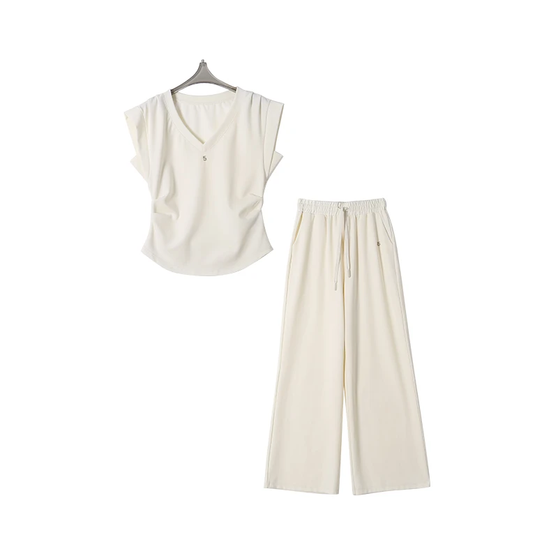 CELLENDI夏季显瘦气质白色两件套女装套装慵懒风裤子减龄时尚夏