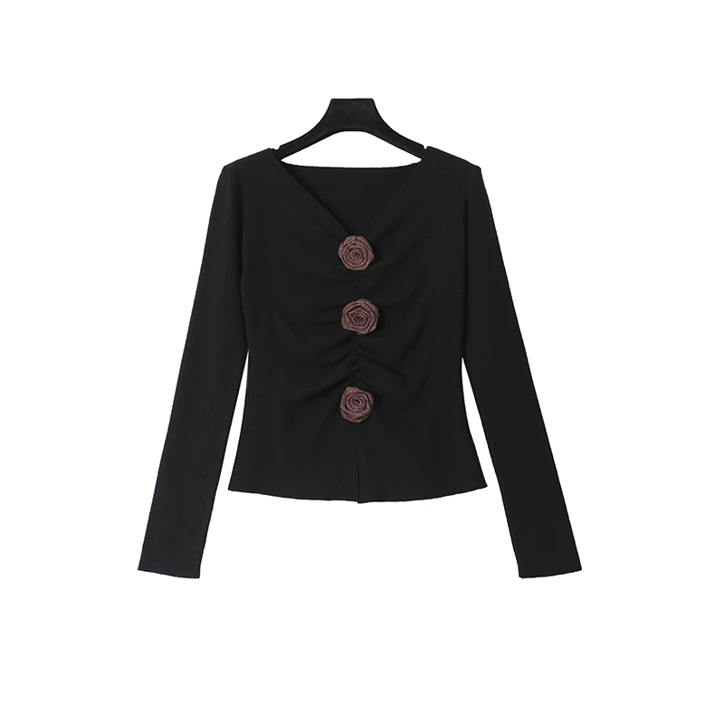 CELLENDIV领皱褶莱赛尔花朵针织衫显瘦气质长袖短款法式修身小众