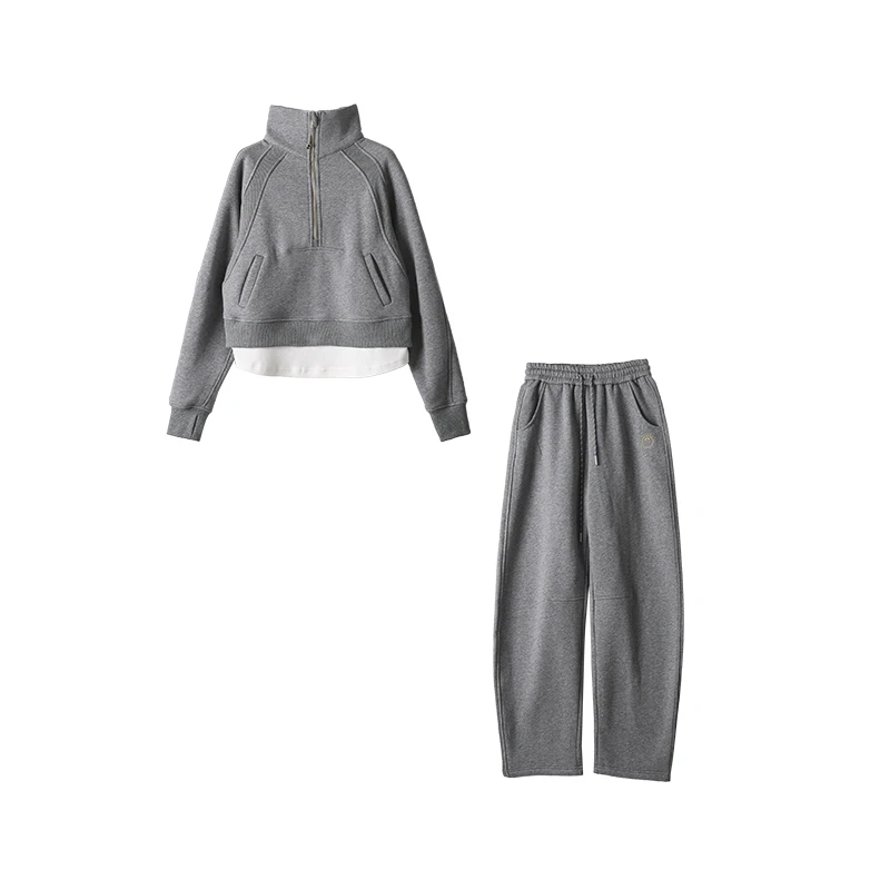 CELLENDI轻慵懒风半拉链加绒加厚撞色层次工艺时尚秋冬套装短款