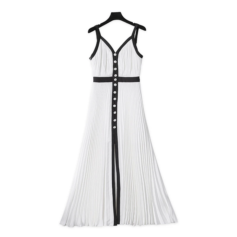 CELLENDI条纹夏季白色修身拼接显瘦收腰中长款百褶宽松赫本风穿搭