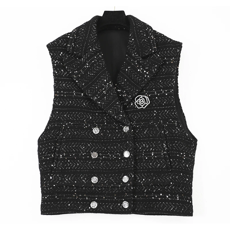 CELLENDI时尚粗花呢外套马夹慵懒风上衣马甲小香风气质黑色针织