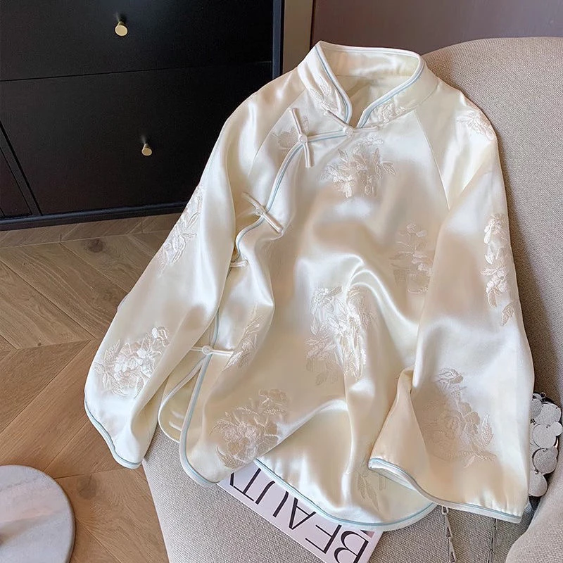 刺绣碎花成人立领衬衫长袖绣花中国风古风春秋提花秋季国潮