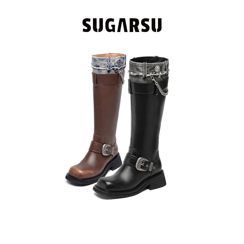 SugarSu/酥履赵昭仪同款牛仔复古中筒时装长靴女高跟黑色高筒靴