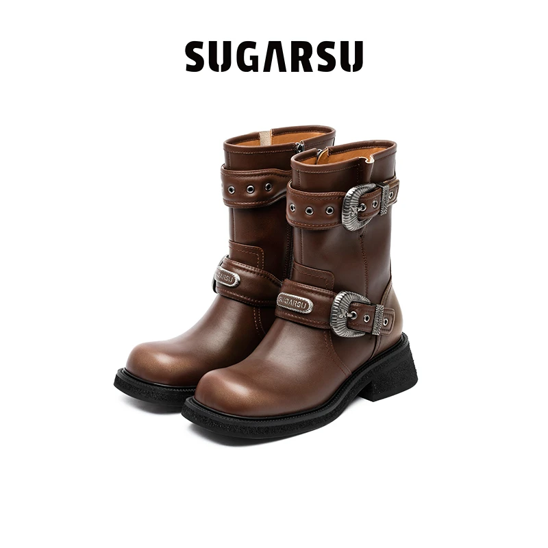 SugarSu/酥履章若楠同款复古擦色金属扣高跟骑士秋冬方头时尚女