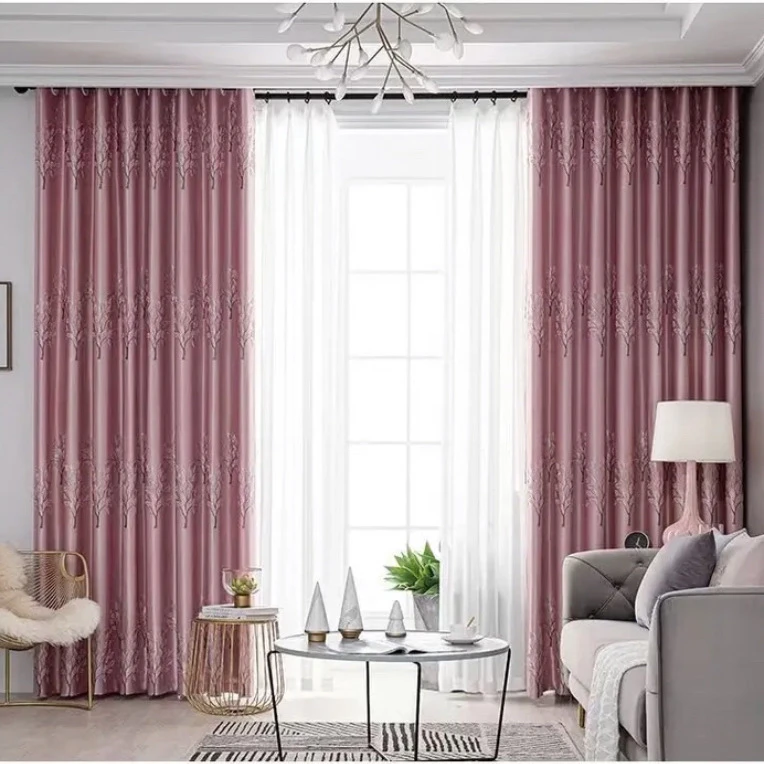 粉色新款高精密发财树提花成品遮光窗帘