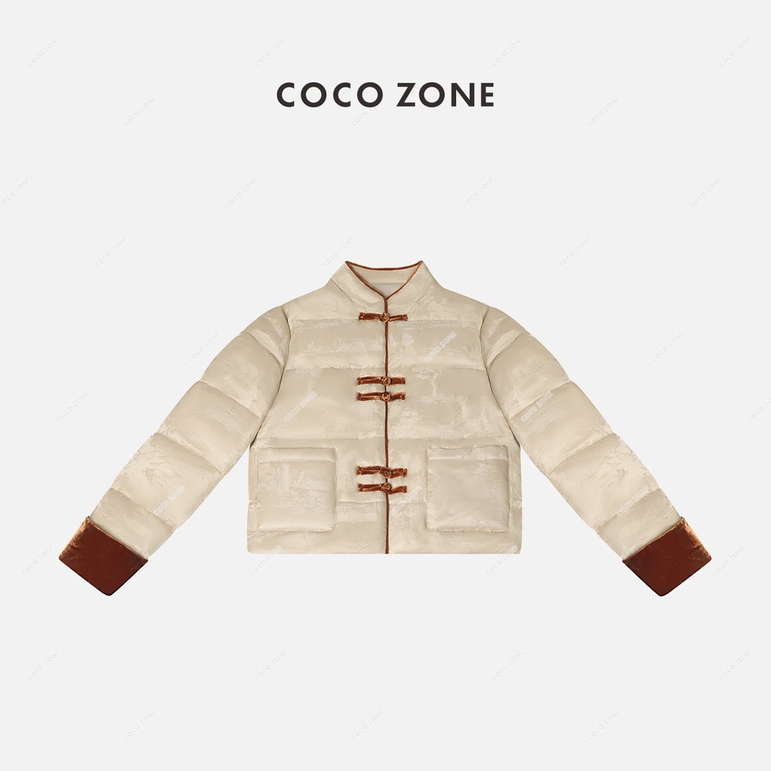 COCO ZONE"琥珀松林"90鹅绒复古国风提花盘扣撞色羽绒服 23C30805