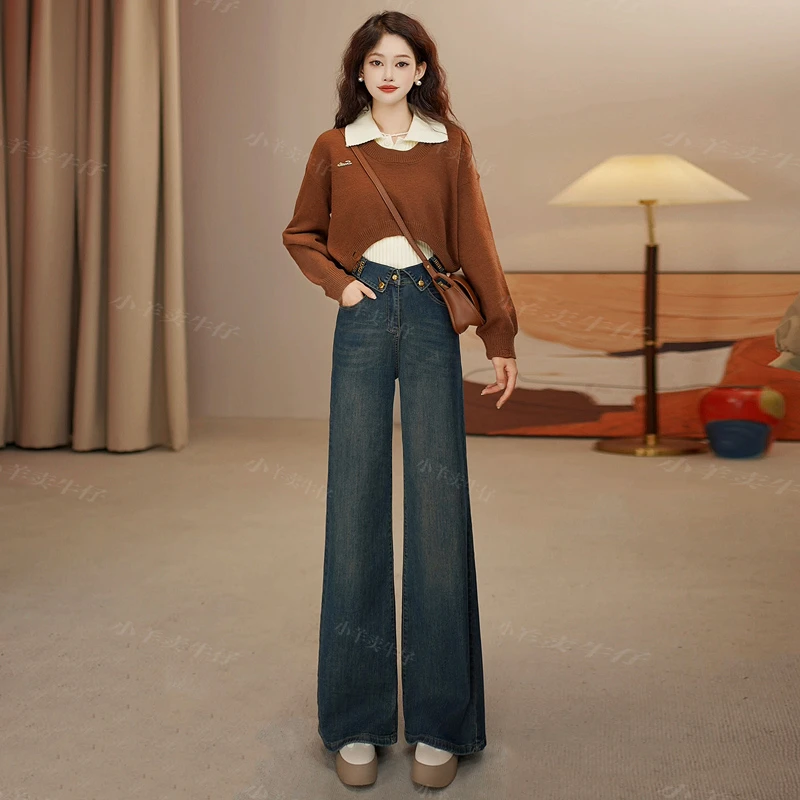 高腰阔腿裤牛仔裤女2025春季新款设计感宽松直筒显瘦长裤潮7788