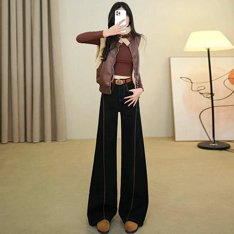 黑色高腰阔腿裤牛仔裤女2025春秋宽松新款直筒显瘦拖地长裤潮7795