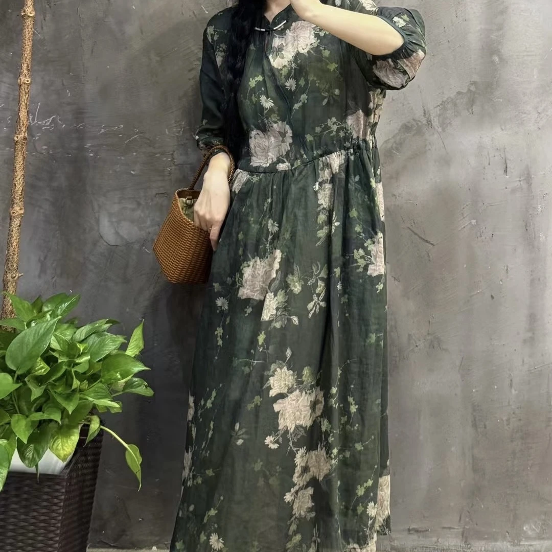 女装连衣裙宽松收腰显瘦气质减龄纯苎麻印花连衣裙女新中式国风