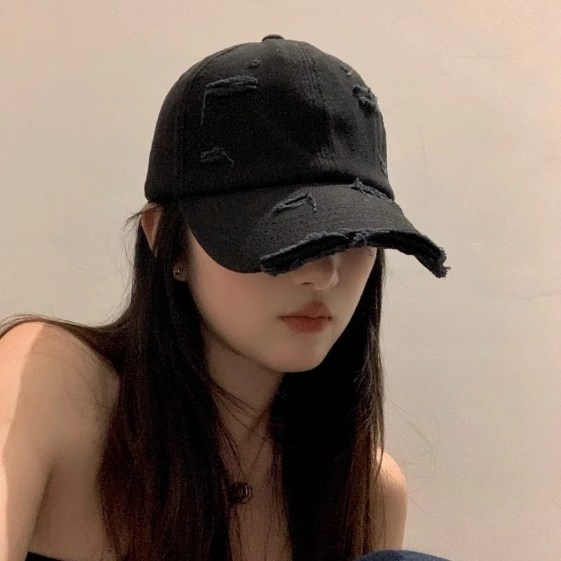 黑色棒球帽女新款春夏嘻哈韩版软顶弯檐潮流个性做旧破洞鸭舌帽男