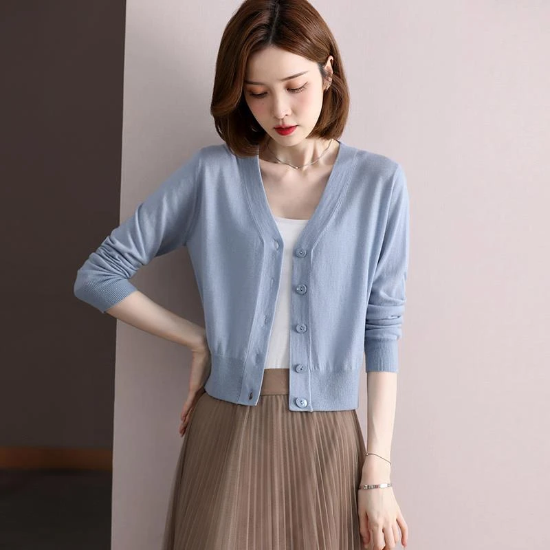 开衫薄款冰丝女2023新款短袖V领短款小外搭毛衣外