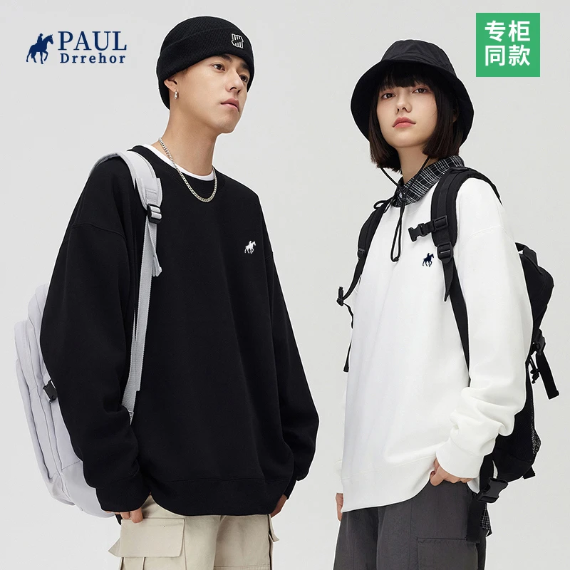 保罗共舞新款马标刺绣男士上衣潮流百搭情侣同款圆领卫衣