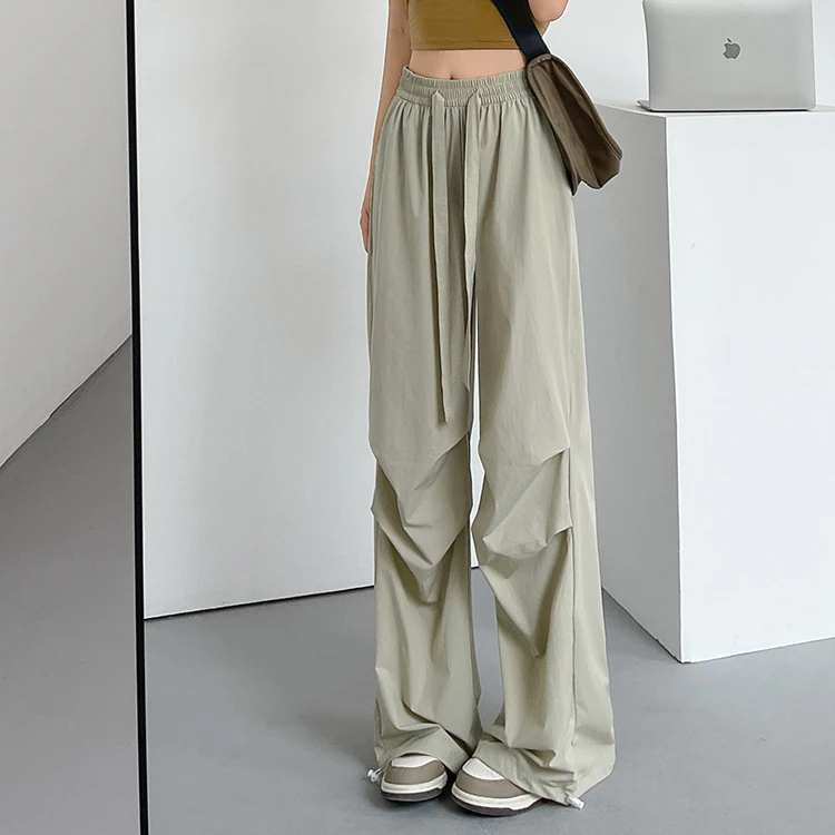 运动裤女装裤子女夏季薄款降落伞裤阔腿高腰速干工装裤抽绳直筒裤