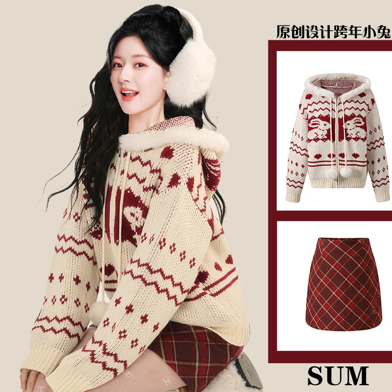 原创设计跨年小兔红白连帽拉链针织衫氛围感毛衣女新年套装圣诞节
