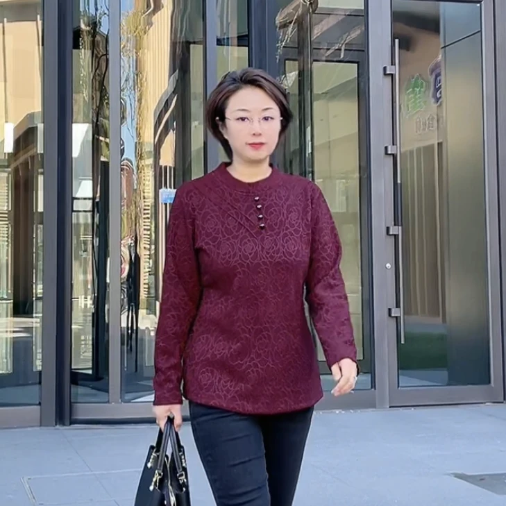 【依派推荐】秋冬新款加绒提花打底长袖保暖上衣