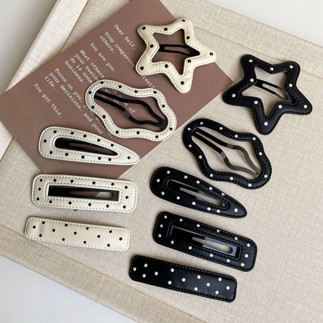 韩版黑白波点皮质五角星发夹BB夹侧边刘海夹碎发边夹发卡发饰夹子