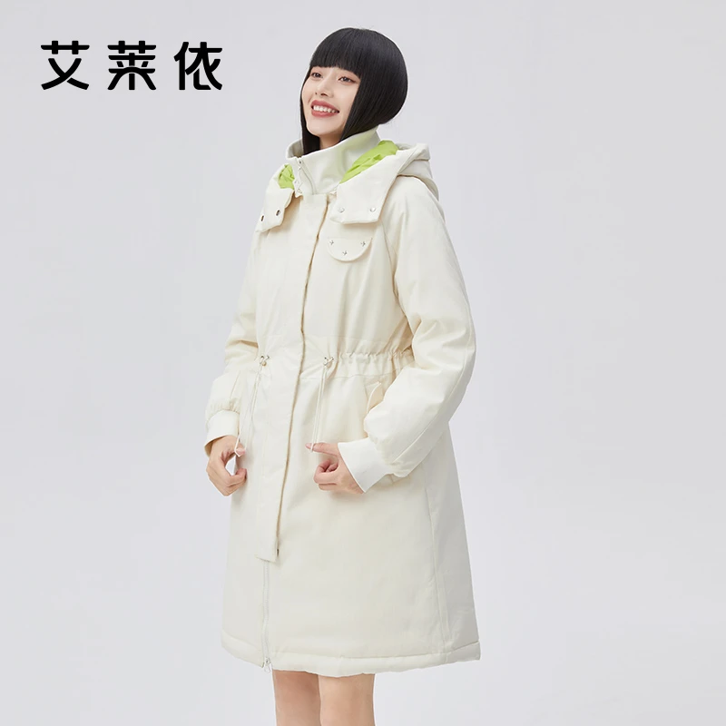 艾莱依-新款冬季羽绒服保暖中长款女士时尚休闲连帽收腰外套1053