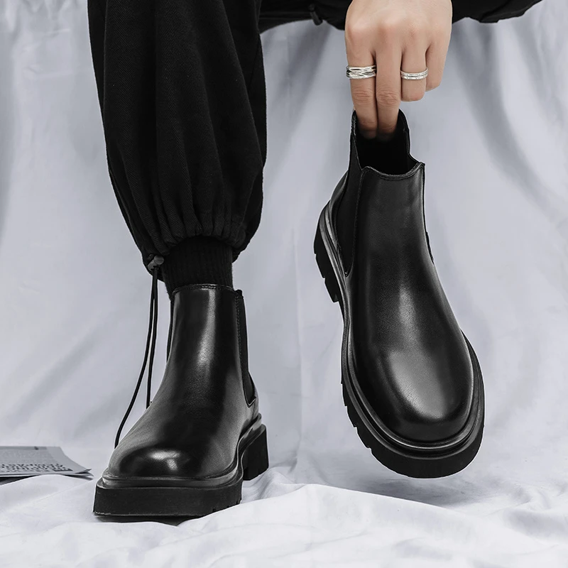 秋季中帮切尔西靴短靴休闲时尚男鞋百搭潮流黑色烟筒靴英伦风圆头