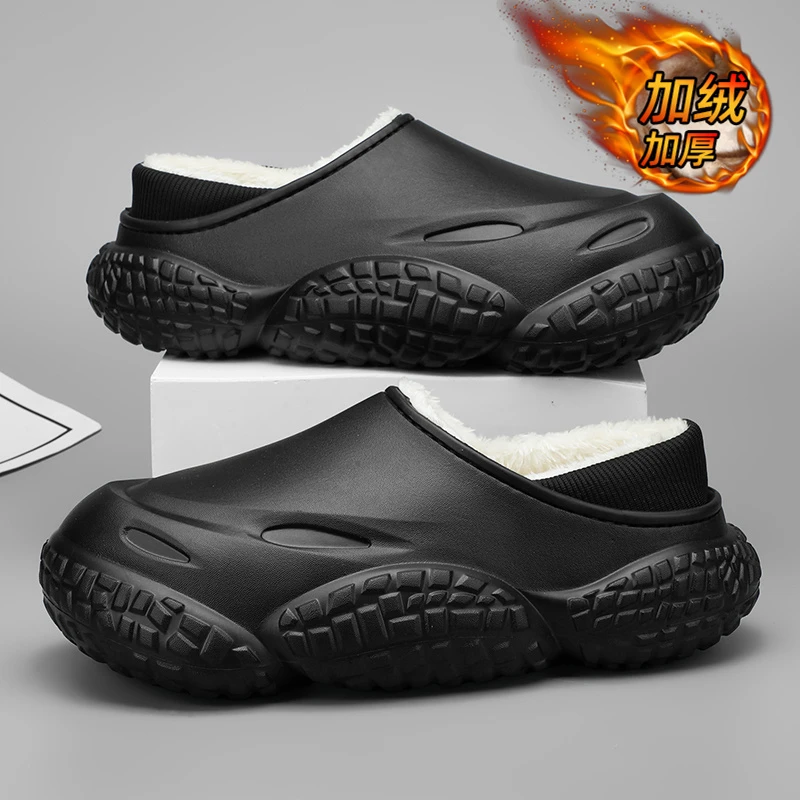 厨师棉拖鞋男款冬季外穿防滑防水耐磨加绒保暖一脚蹬厨房专用棉鞋