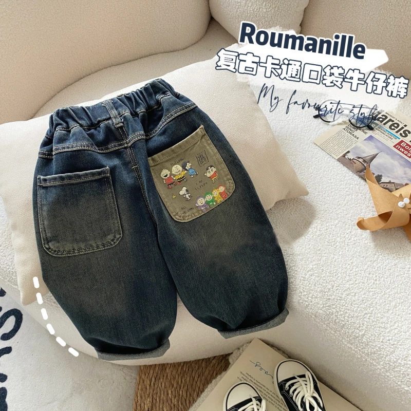 儿童春秋装新款休闲裤男童韩版百搭复古卡通牛仔裤小童洋气长裤