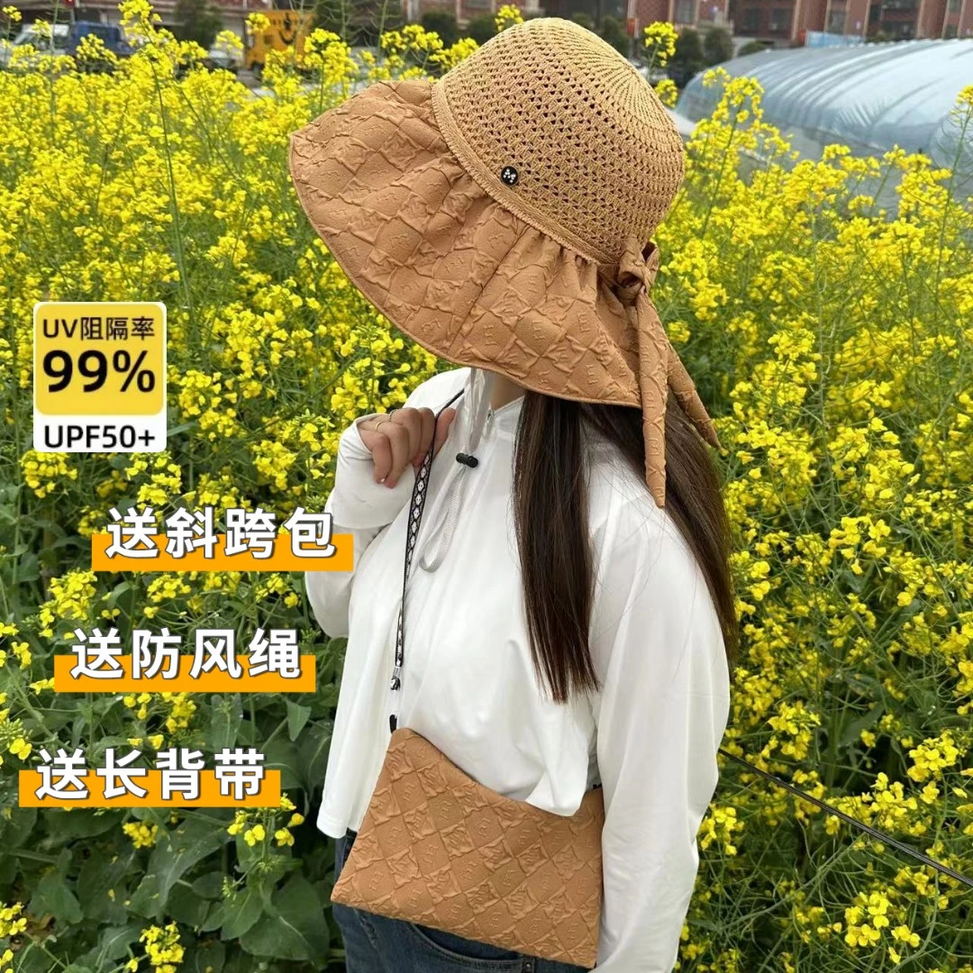 彩胶夏天加倍防晒 泡泡纱 蝴蝶结 防晒防紫外线大帽檐遮脸遮阳帽