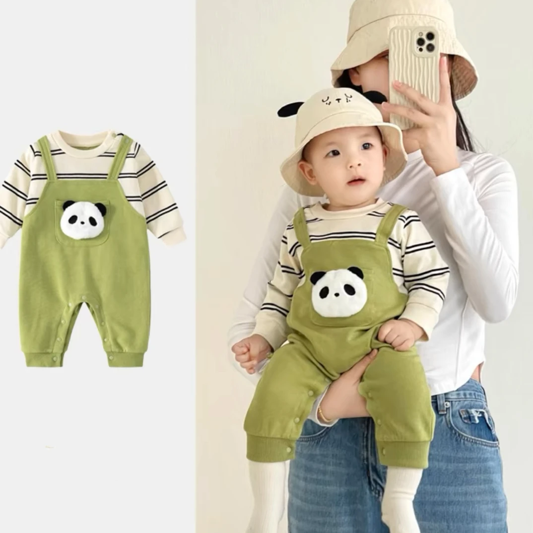 婴儿秋季衣服套头连体衣小熊猫可爱男女宝宝假两件长袖幼儿条纹