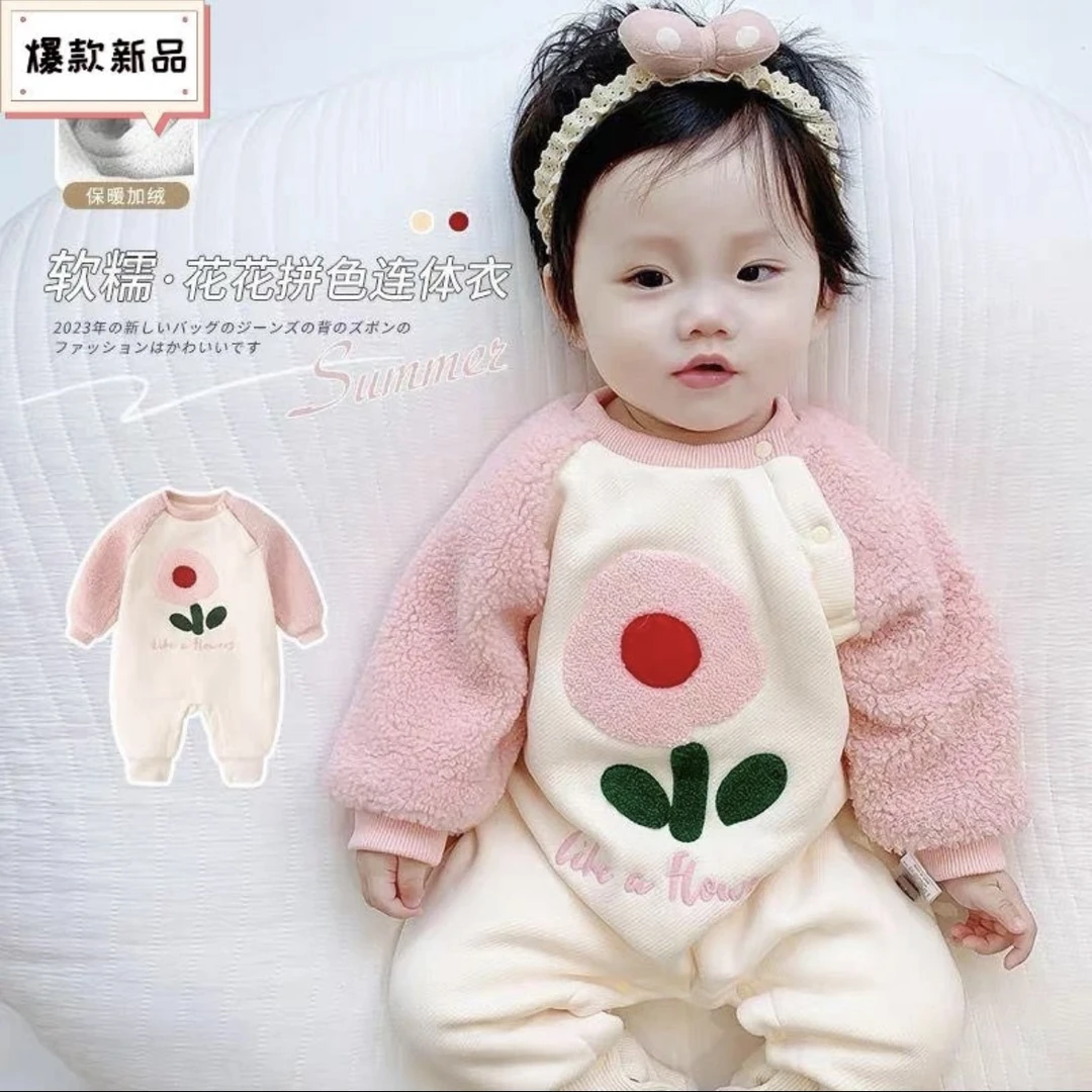 秋冬新款宝宝连体衣婴儿加绒保暖洋气毛巾绣小花新生儿衣服