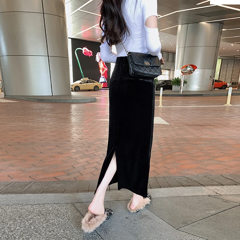 半身裙春秋款松紧腰开叉复古修身显瘦长裙一步裙黑色金丝绒包臀裙