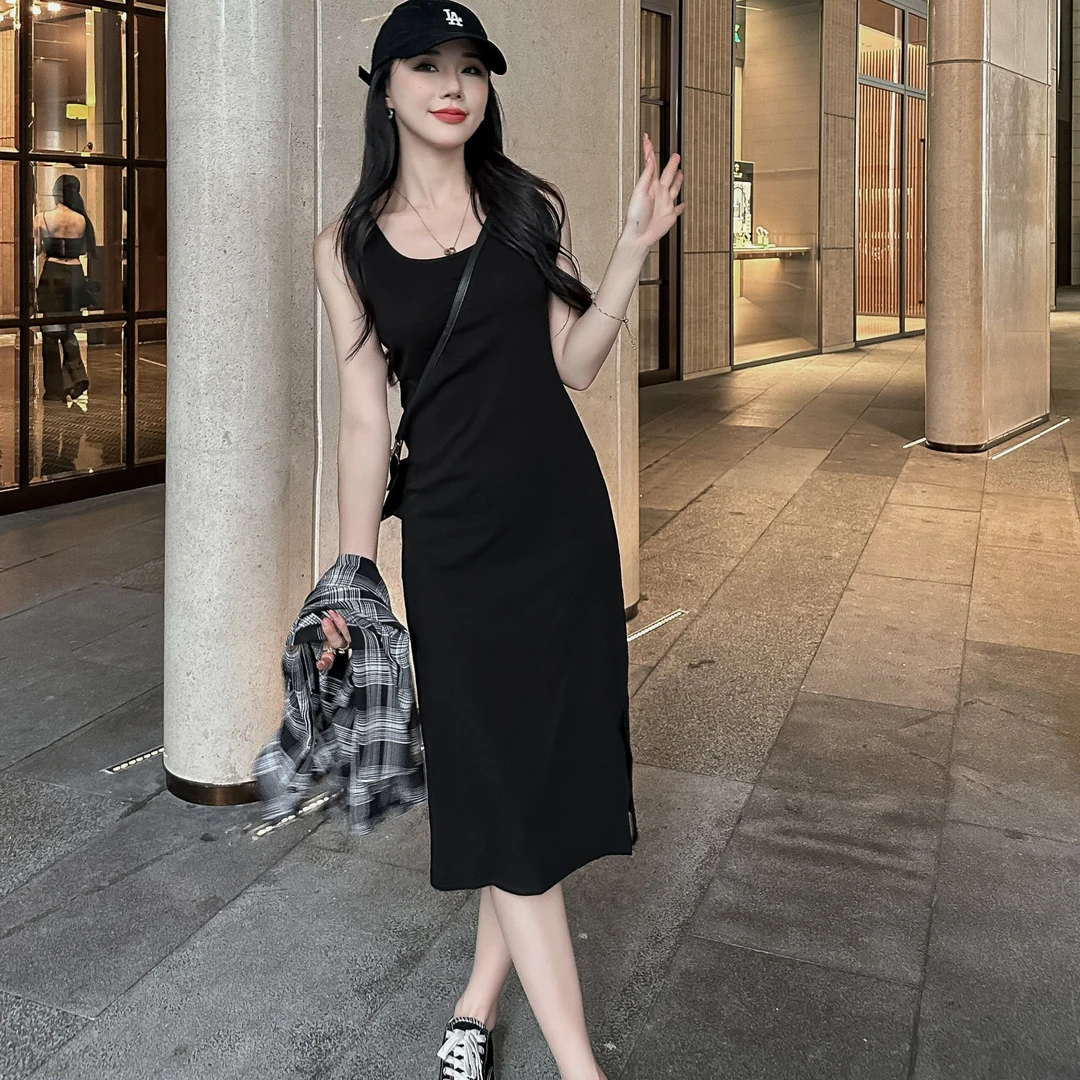 女装2025春夏新款棉休闲显瘦吊带背心裙大码中长款内搭开叉小黑裙