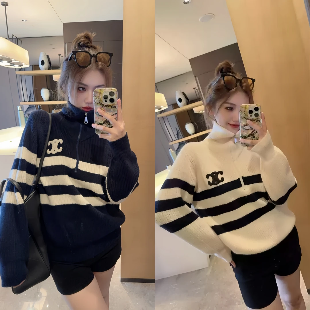 2024秋冬新款高领条纹半拉链翻领刺绣条纹套头毛衣女时尚针织衫潮