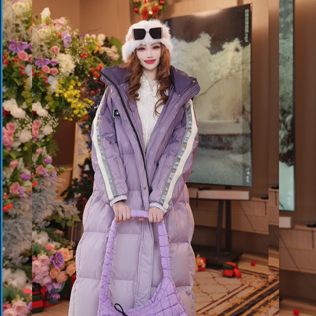 冬季新款韩版时尚户外穿搭长款休闲连帽保暖过膝羽绒服女251P293