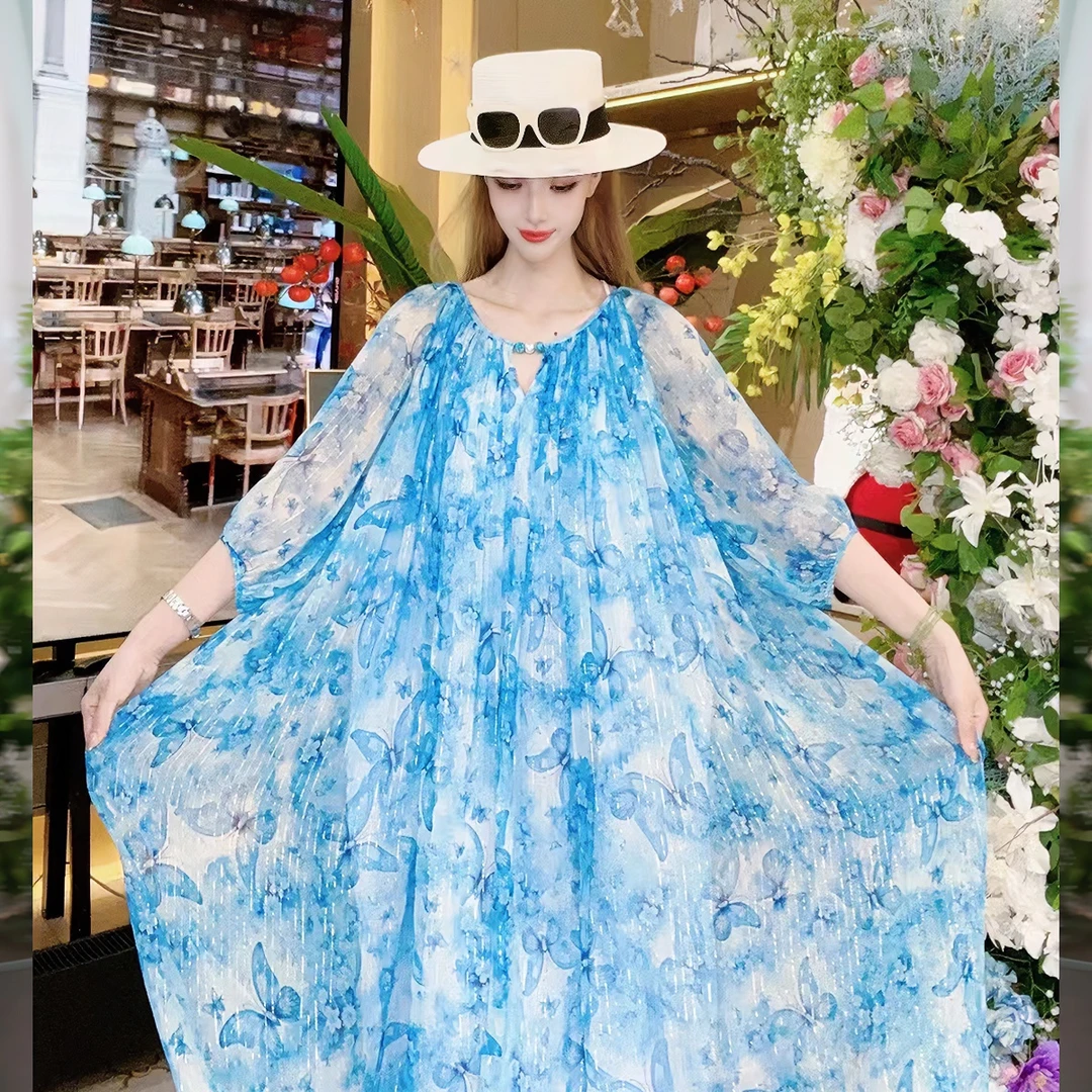 春夏浪漫真丝蝴蝶印花舒适长款修身时尚优雅女装长连衣裙241D107