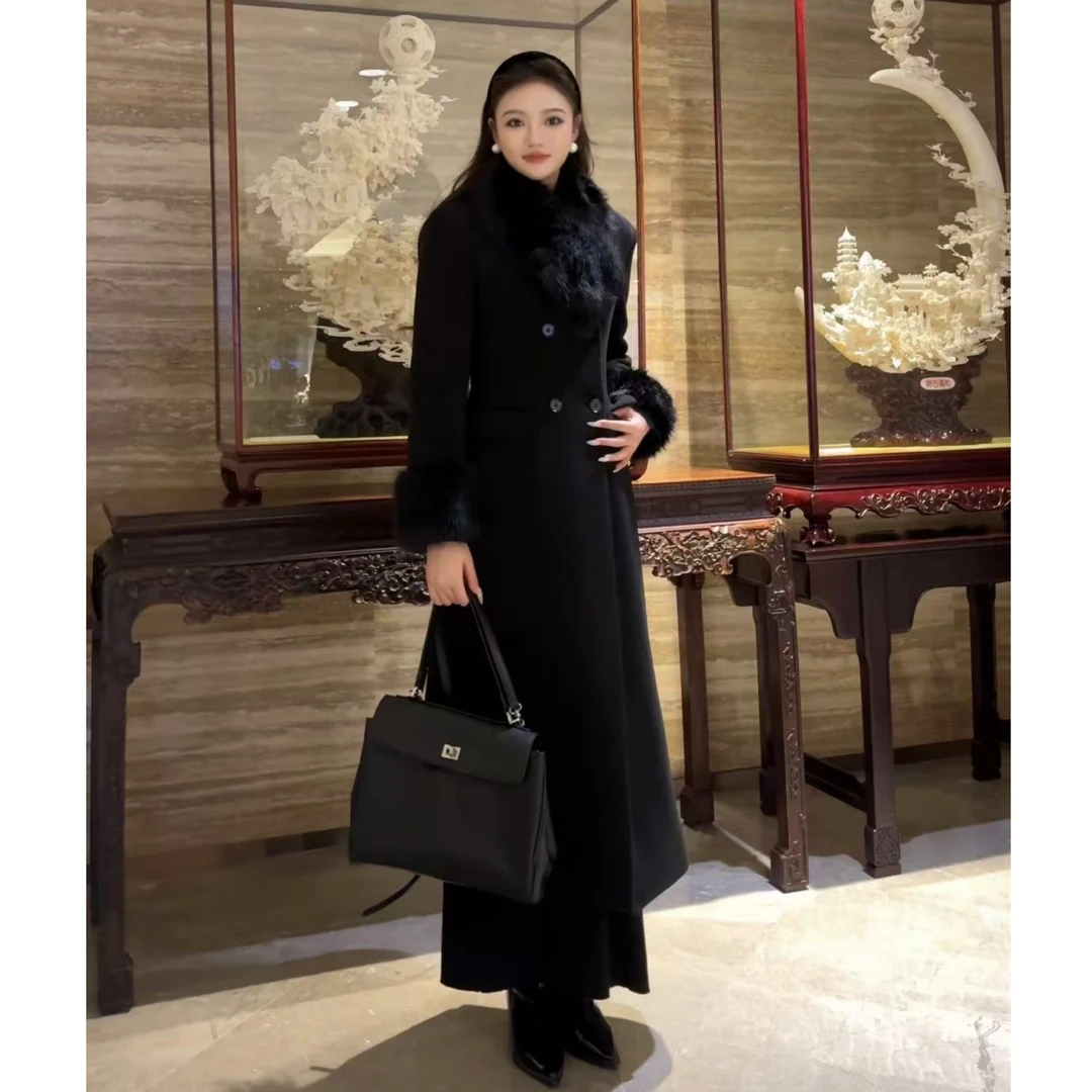 SKZ伊娜 千金风暗夜流光黑色沙漏收腰长款高级呢子大衣S24DA1005