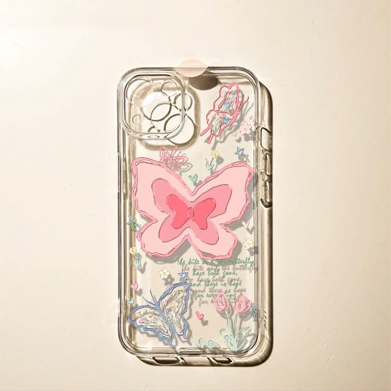 粉色英文蝴蝶适用iPhone14手机壳15透明硅胶壳13/12耐脏网红卡通