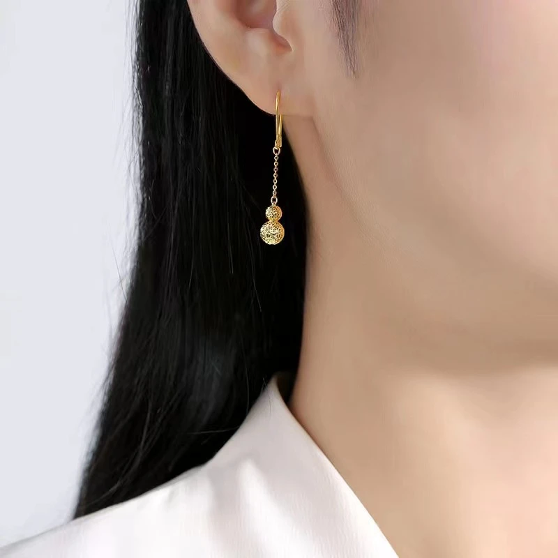 铜合金耳饰 耳钉耳线流行饰品 长款磨砂精美金葫芦时尚新中式耳饰