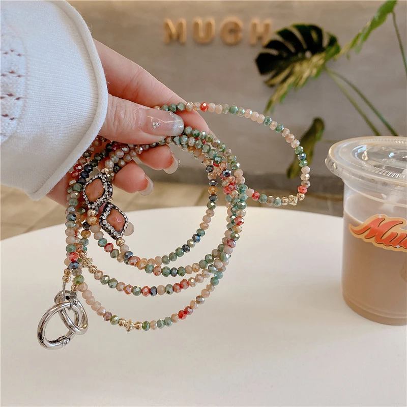 手机挂绳长款斜挎肩背带子时尚高端水晶彩色长链肩带斜跨通用女生