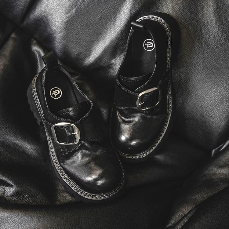 2024原创首发小众设计水洗缩纹马皮复古上脚舒适感百搭黑色2657-5