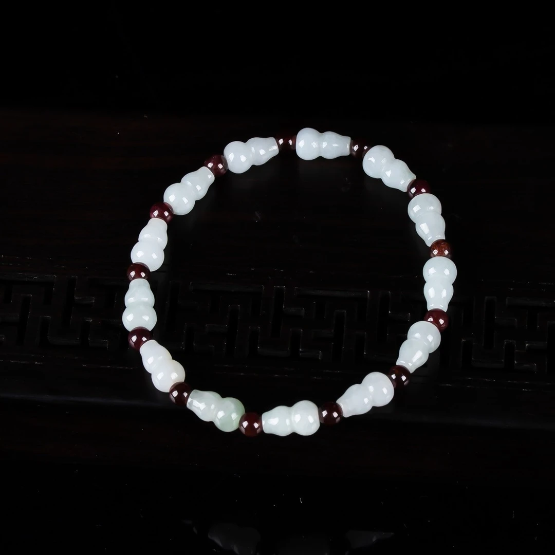 天然A货翡翠葫芦手链配石榴石女士手工时尚手串女款编织雕刻单圈